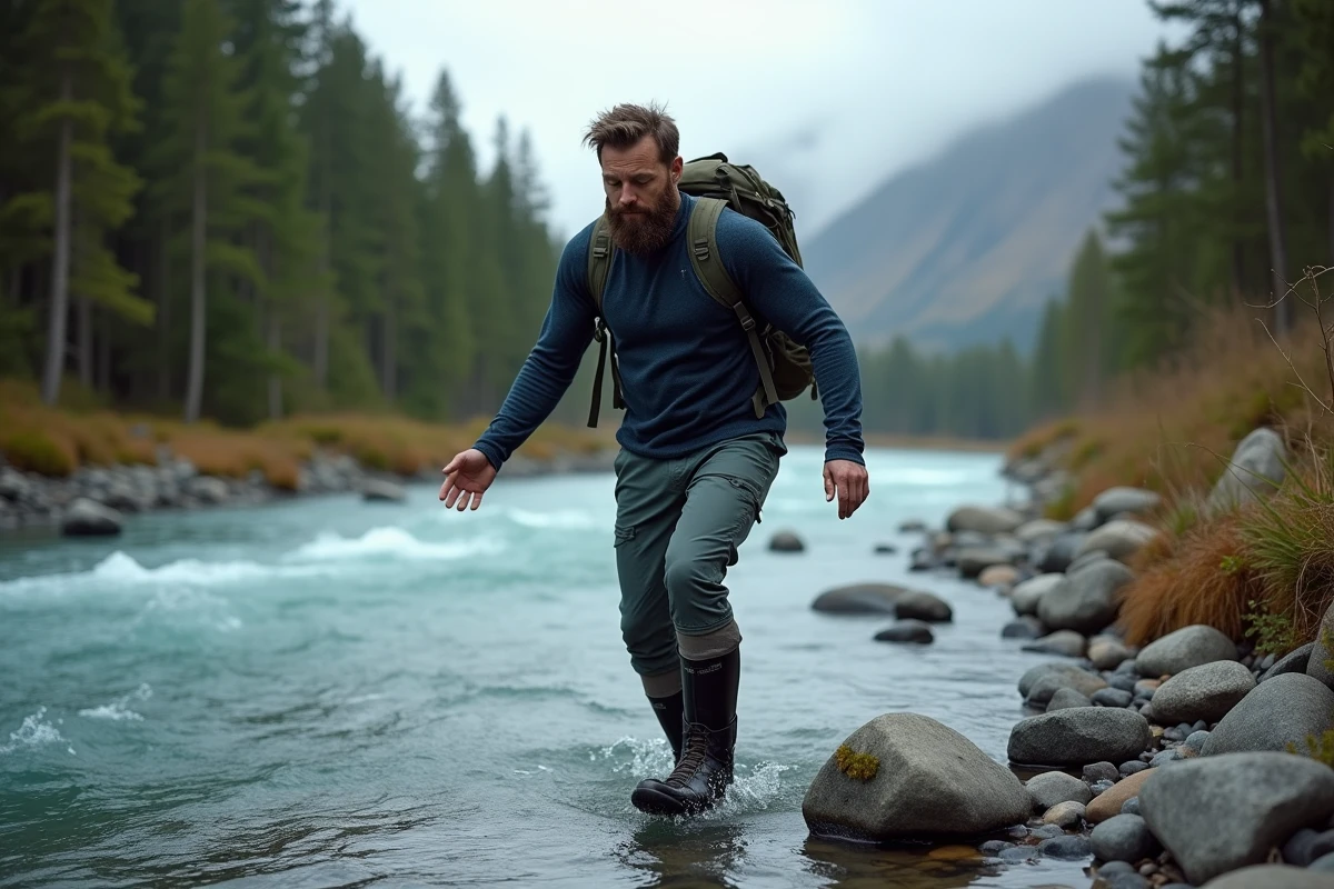 Randonneur barbu traversant un cours d'eau glaciaire dans une forêt de bouleaux sauvage aux tons nordiques