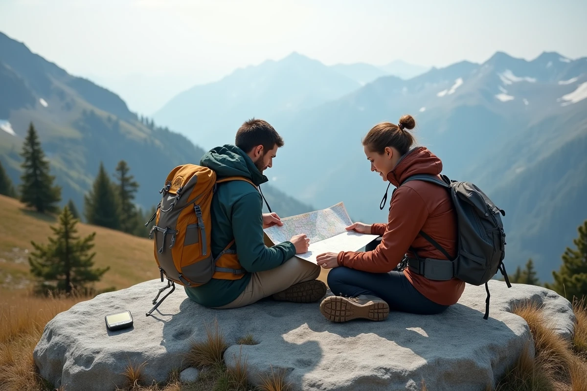 Deux randonneurs analysant une carte topographique sur un rocher en altitude pour planifier leur préparation au GR20