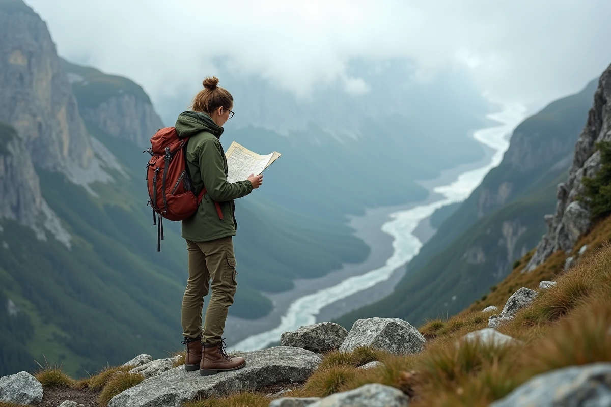 Randonneuse consultant une carte topographique sur une crête rocheuse avec une vallée montagneuse sauvage et brumeuse en arrière-plan