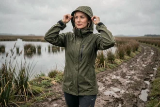 Randonneuse en veste imperméable sur le sentier boueux de la Pointe du Salaison sous la pluie