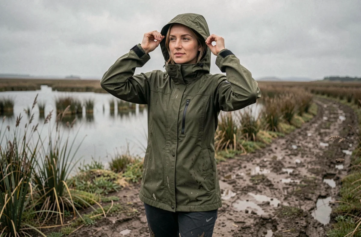 Randonneuse en veste imperméable sur le sentier boueux de la Pointe du Salaison sous la pluie