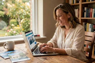 Femme recherchant un bon plan croisière sur son ordinateur portable depuis un bureau à domicile