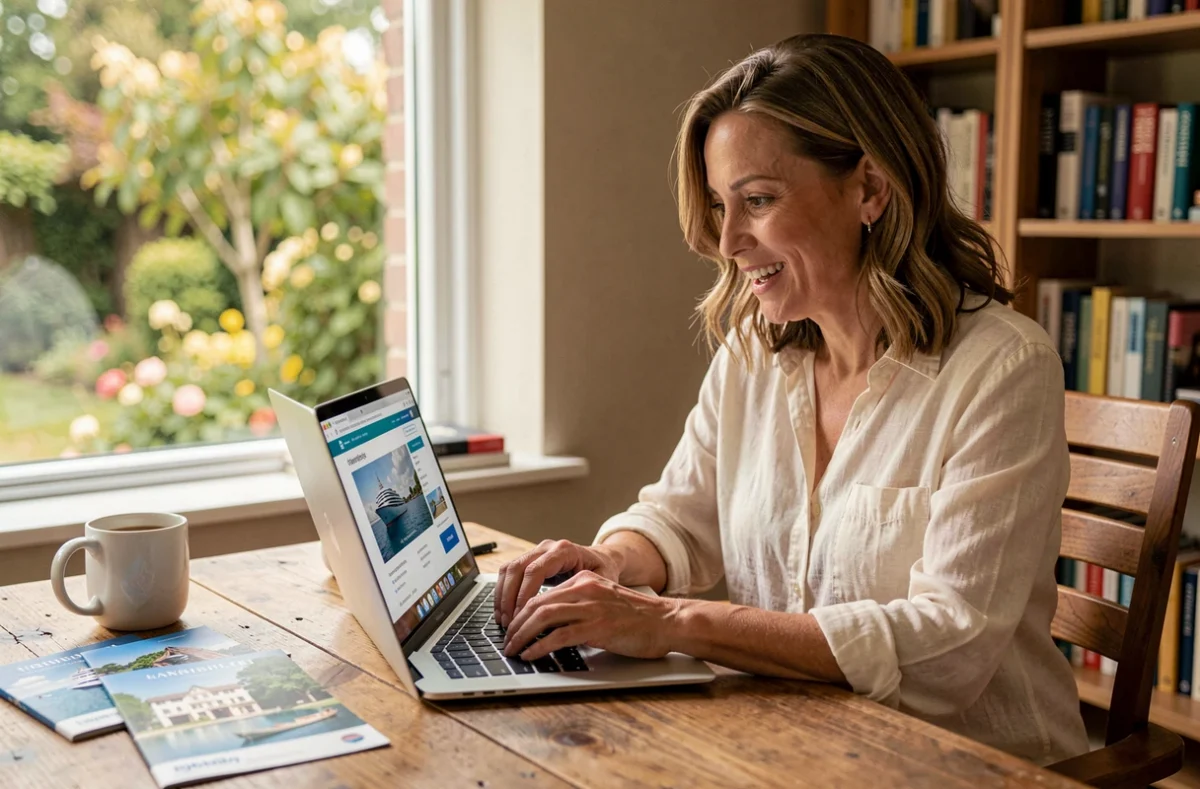 Femme recherchant un bon plan croisière sur son ordinateur portable depuis un bureau à domicile