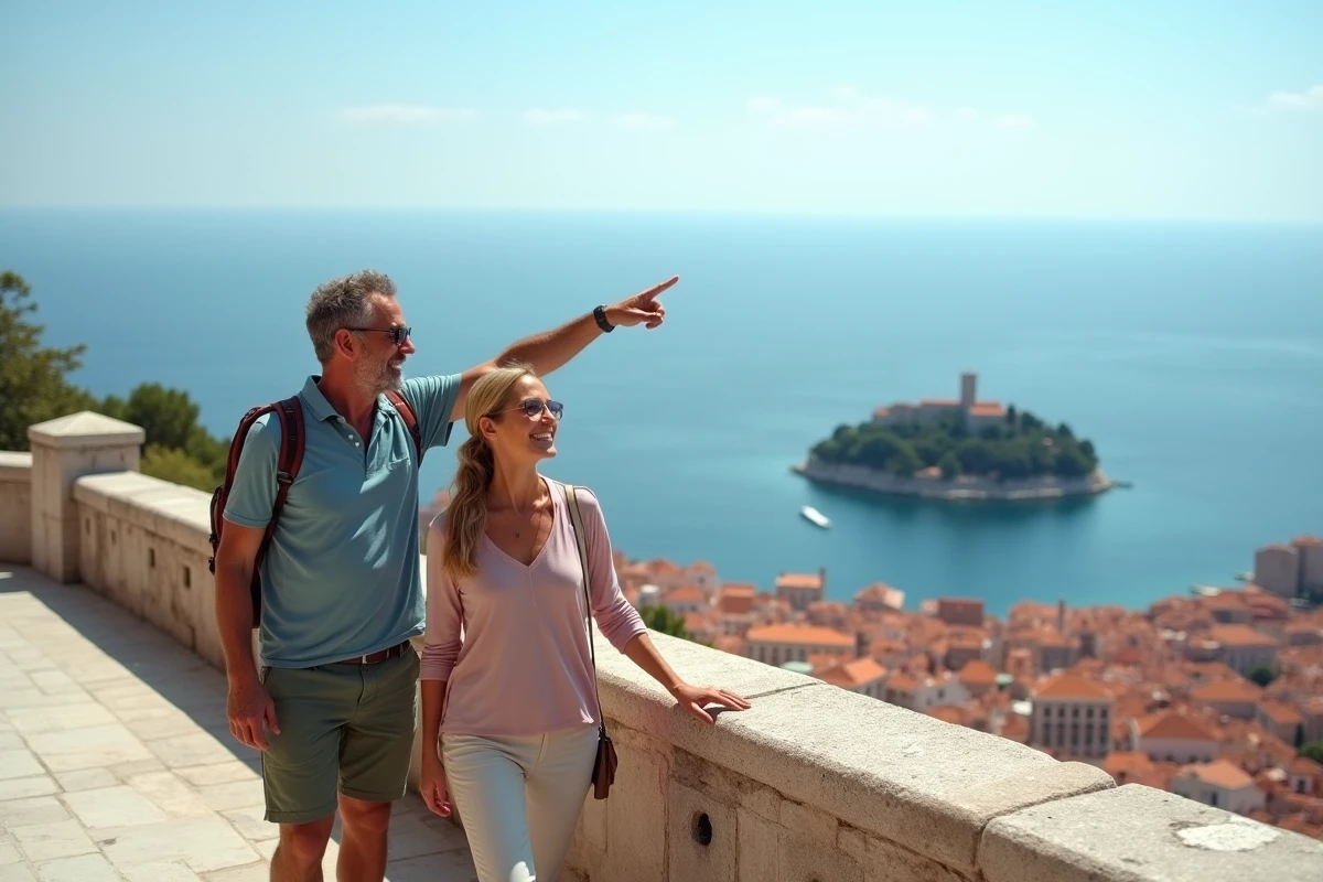 Couple se promenant sur les remparts médiévaux de Dubrovnik avec vue panoramique sur la mer Adriatique et les toits en tuiles rouges