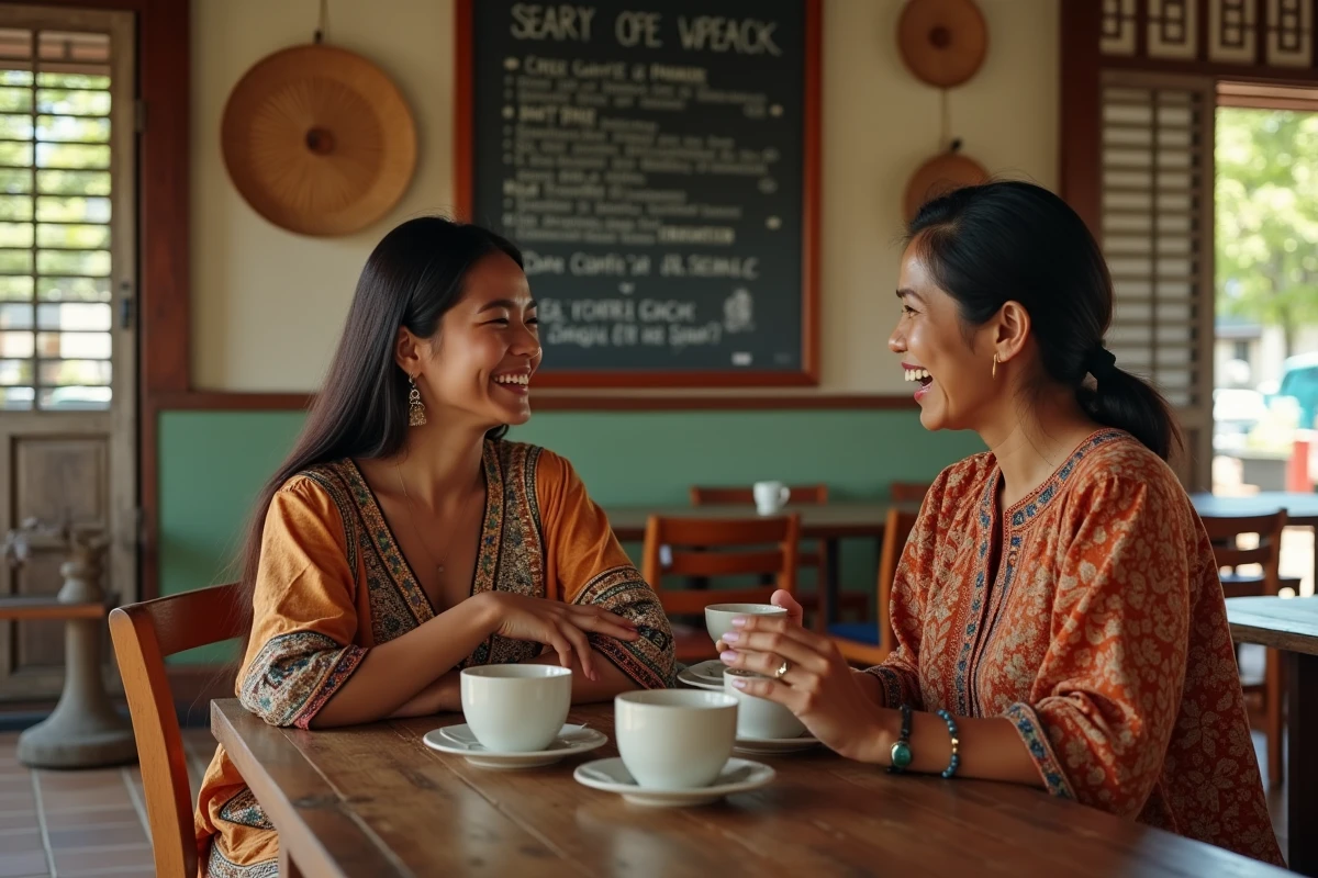 Rencontre authentique entre une voyageuse solo et une habitante sasak autour d'un café dans un warung de Kuta Lombok
