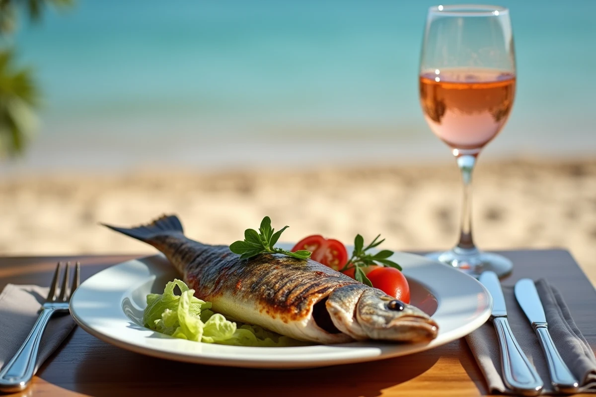 Assiette de poisson grillé et verre de rosé sur une table de restaurant de plage à Cala d'Orzu en Corse
