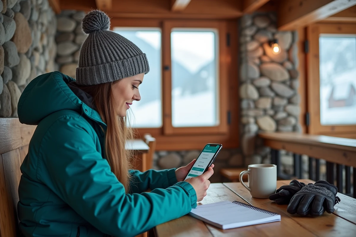 Femme consultant une application de réservation de forfait ski en groupe depuis un chalet de montagne