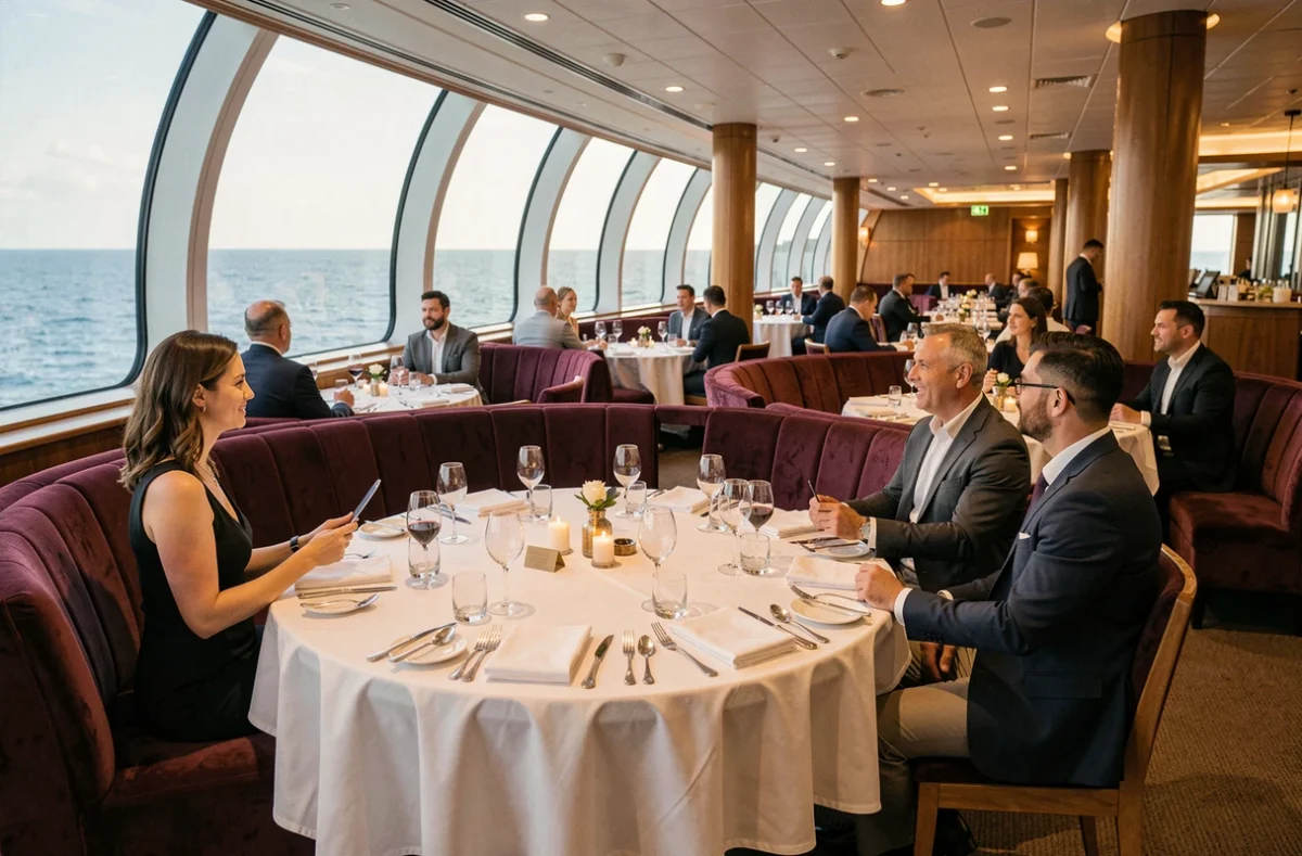 Salle de restaurant principale d'un paquebot de croisière élégamment décorée avec tables dressées et vue mer