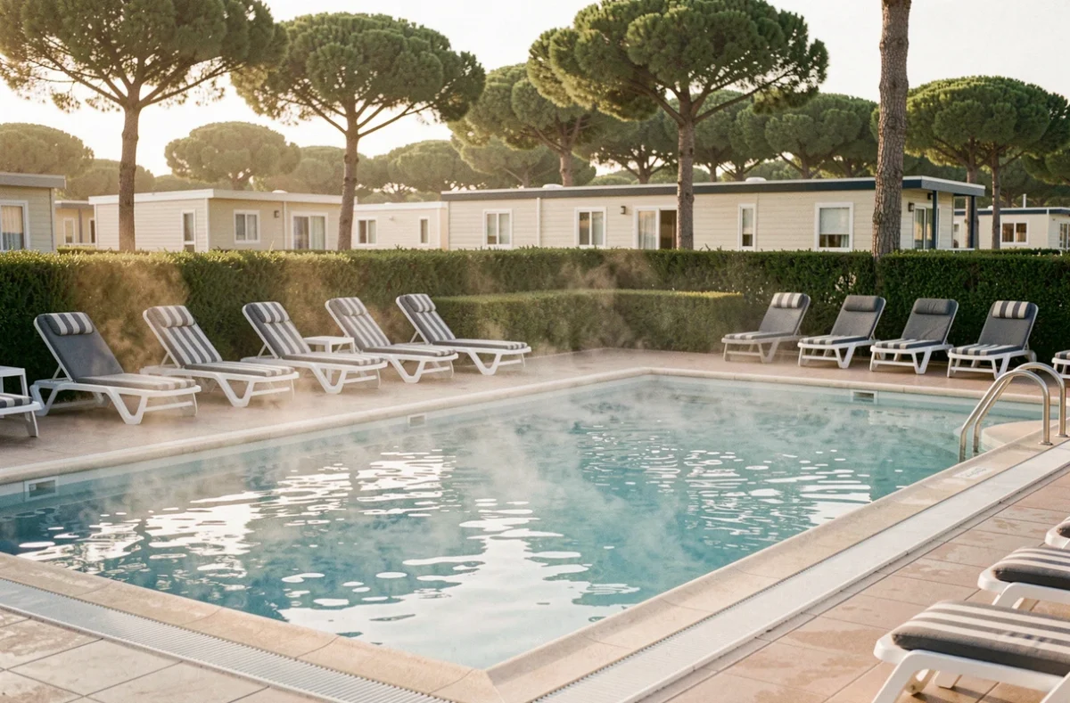 Piscine chauffée du camping Riviera d'Azur à Fréjus avec transats et mobil-homes dans un cadre provençal