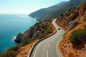 Route côtière sinueuse entre Propriano et Ajaccio longeant les falaises de Corse avec vue sur la mer Méditerranée