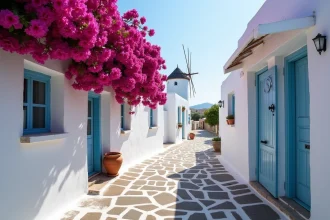 Ruelle blanchie à la chaux à Chora sur l'île de Folégandros avec bougainvilliers roses et porte bleue traditionnelle