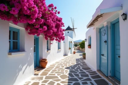 Ruelle blanchie à la chaux à Chora sur l'île de Folégandros avec bougainvilliers roses et porte bleue traditionnelle
