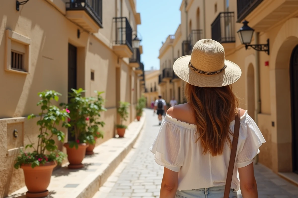 Voyageuse explorant les ruelles médiévales de pierre de St Julian's, Malte, avec des portes traditionnelles ornées de heurtoirs en laiton et de géraniums en pots