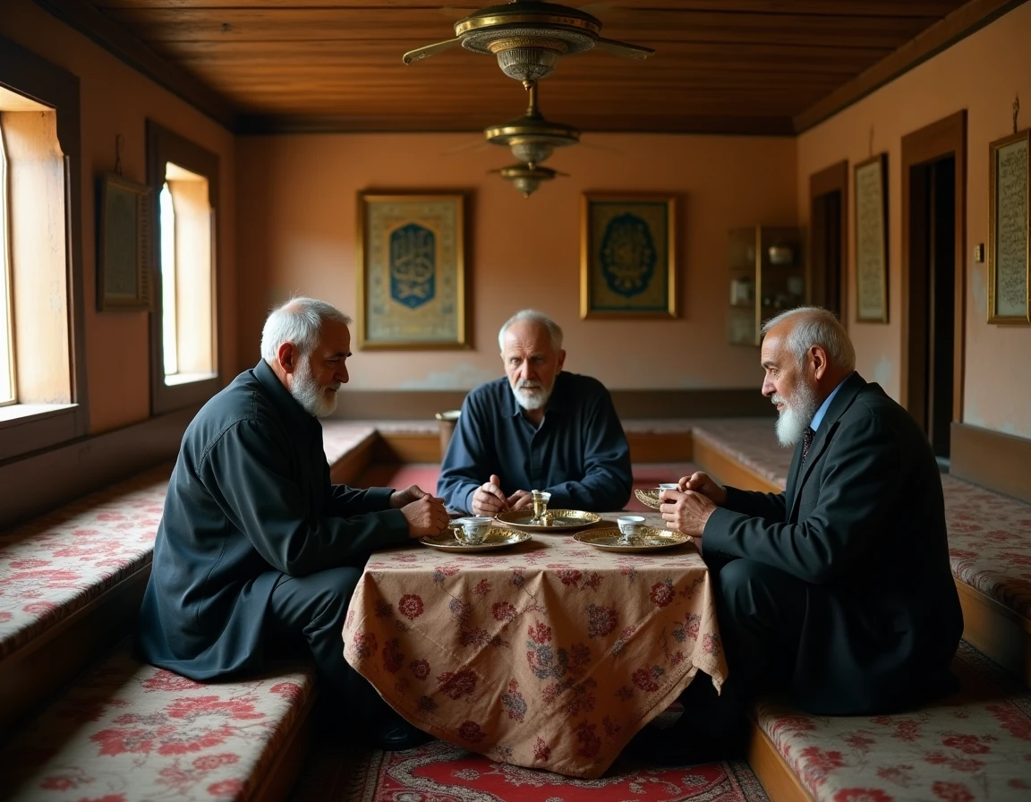 Hommes iraniens en conversation dans un salon de thé traditionnel à Hamadan