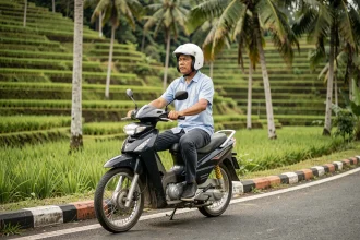 Homme balinais en scooter portant un casque blanc devant les rizières en terrasses de Tegallalang à Bali