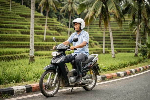 Homme balinais en scooter portant un casque blanc devant les rizières en terrasses de Tegallalang à Bali