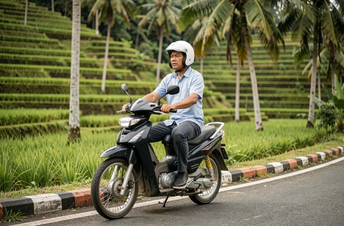 Homme balinais en scooter portant un casque blanc devant les rizières en terrasses de Tegallalang à Bali