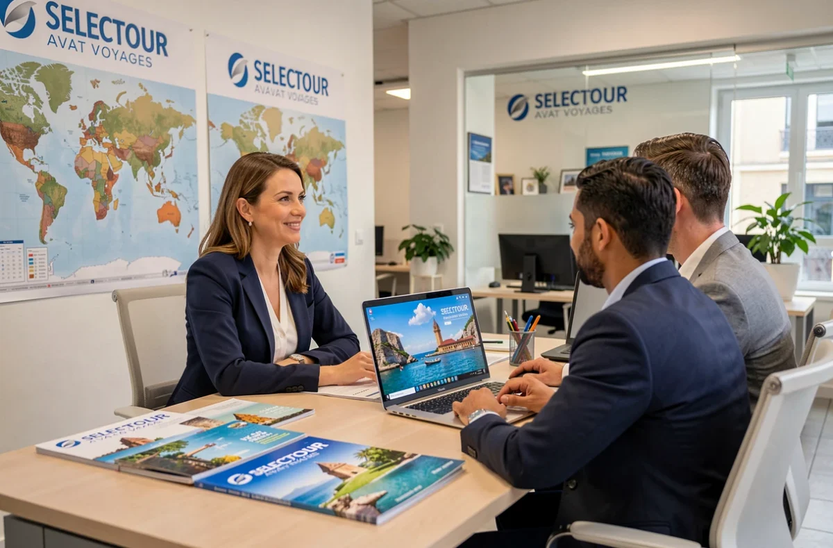 Conseillère de l'agence Selectour Avat Voyages présentant des offres de voyage à un couple dans un bureau moderne
