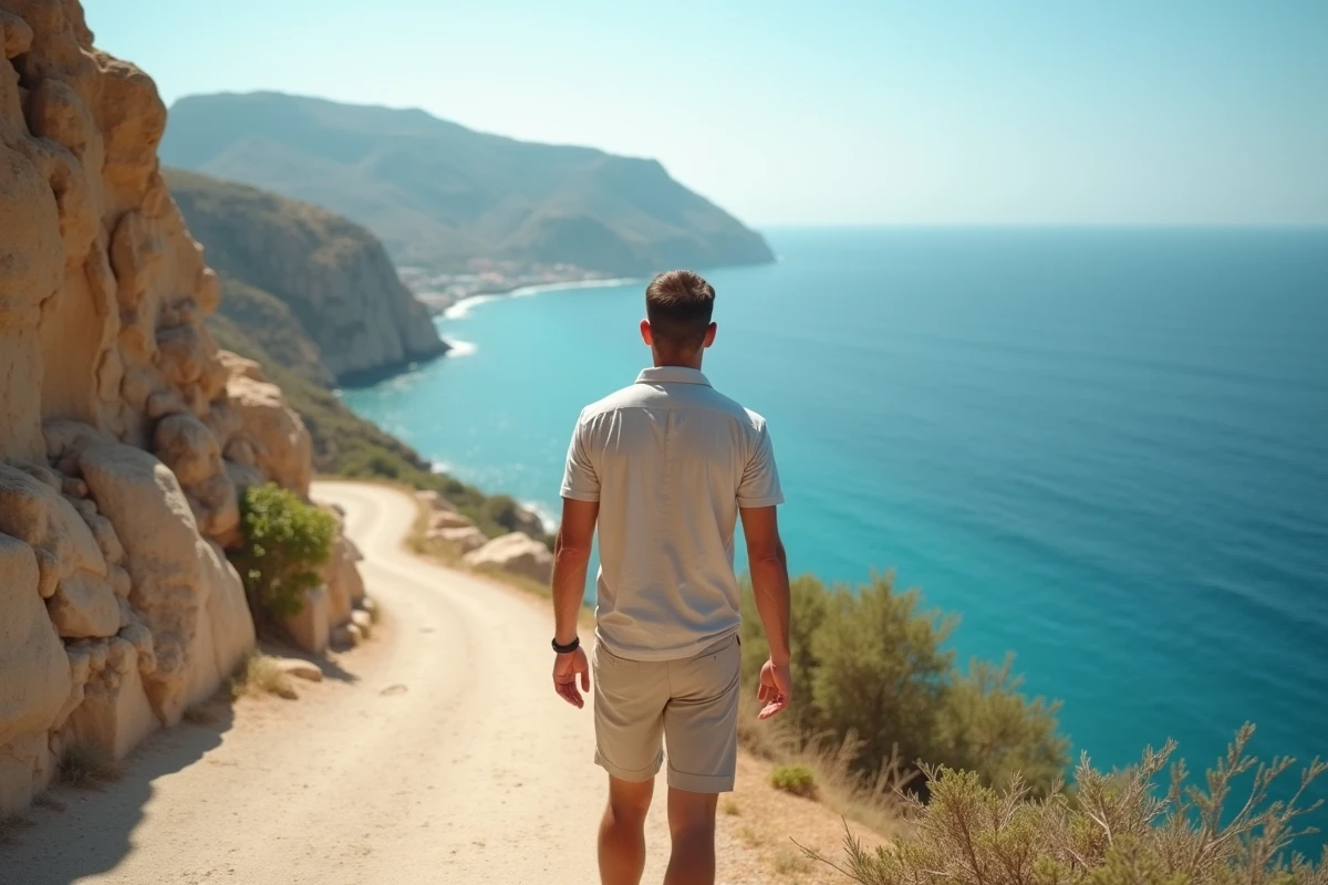 Homme observant la vue panoramique sur la mer Méditerranée depuis le sentier côtier entre St Julian's et Balluta Bay à Malte