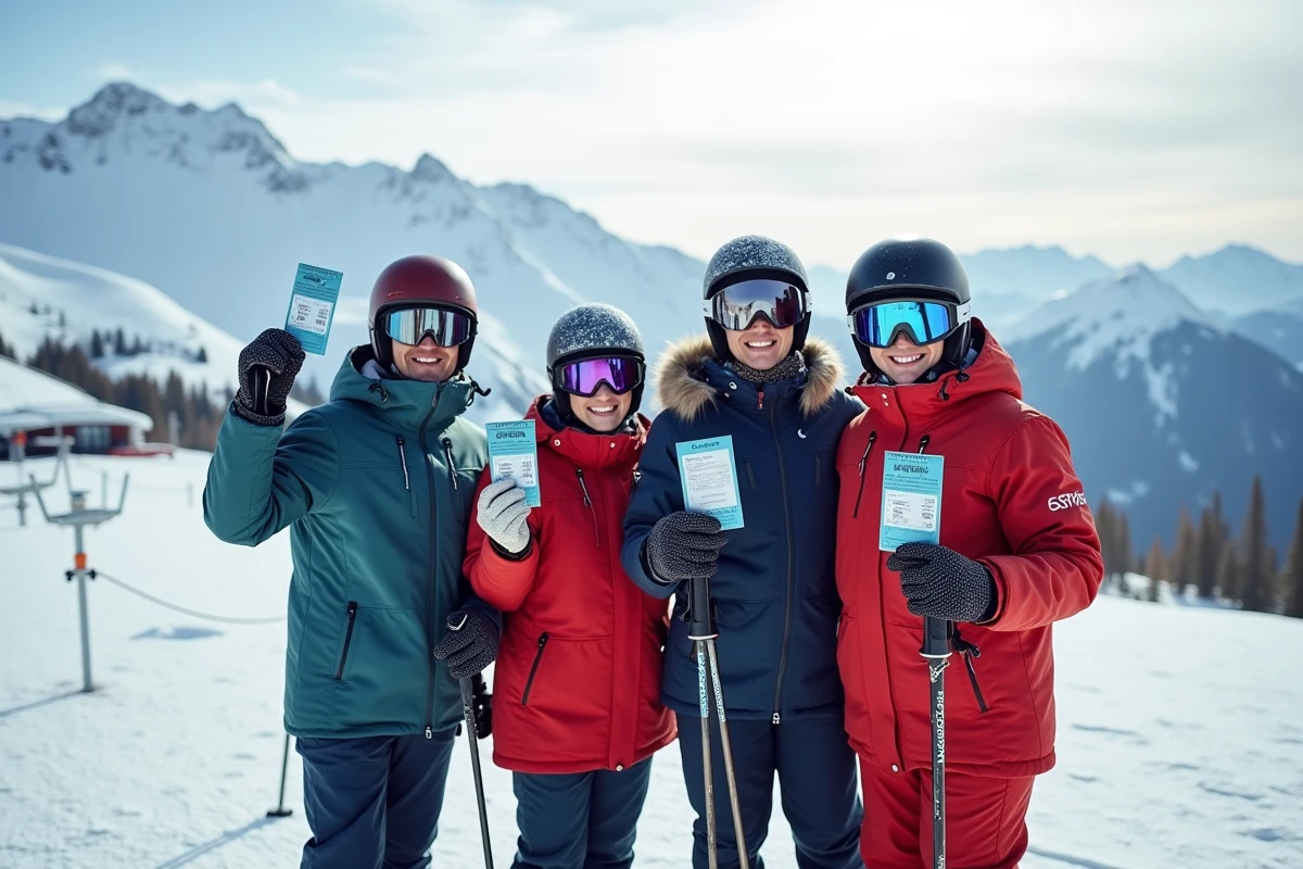 Groupe de skieurs brandissant leurs forfaits de ski achetés à prix réduit au sommet des pistes