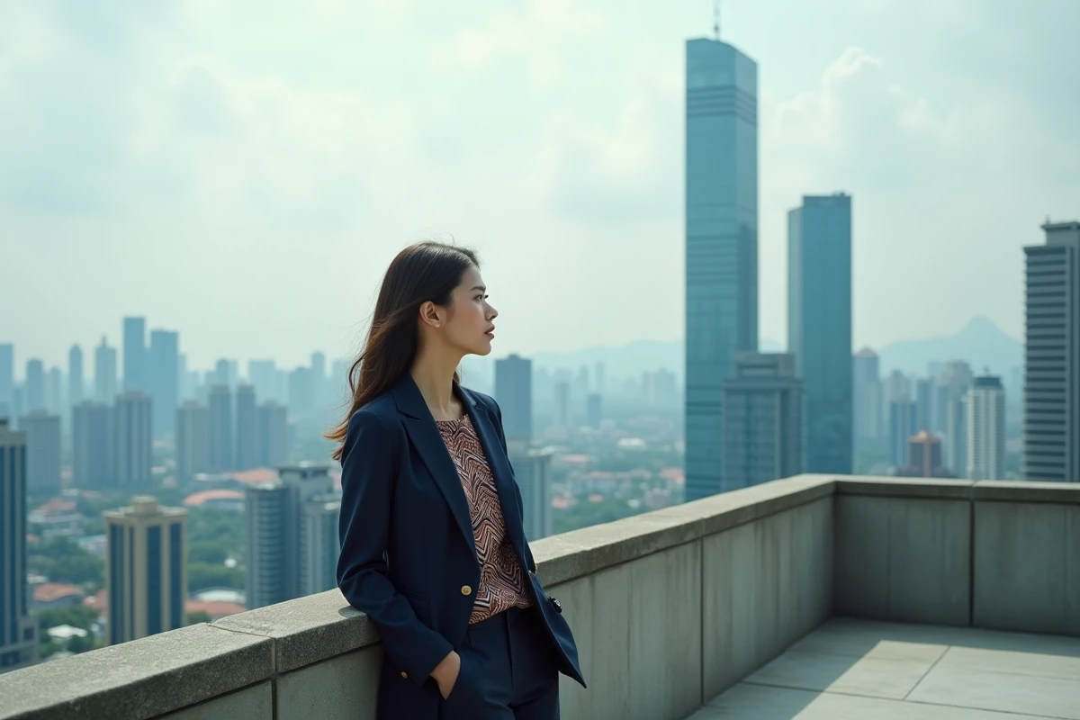 Femme professionnelle contemplant le skyline moderne de Kuala Lumpur avec la tour Merdeka 118 en arrière-plan