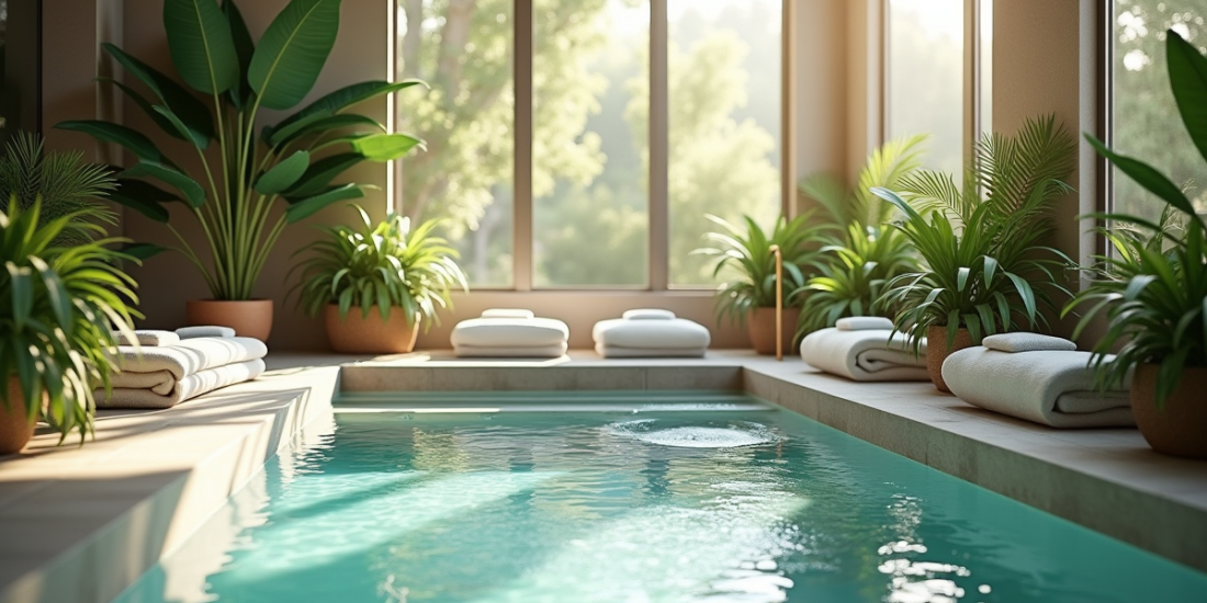 Spa intérieur lumineux avec jacuzzi et plantes vertes