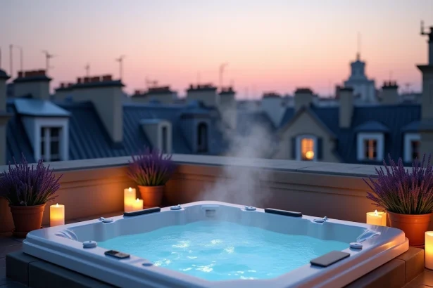 Spa privatif sur rooftop parisien avec vue sur les toits haussmanniens et vapeur s'élevant de l'eau au crépuscule