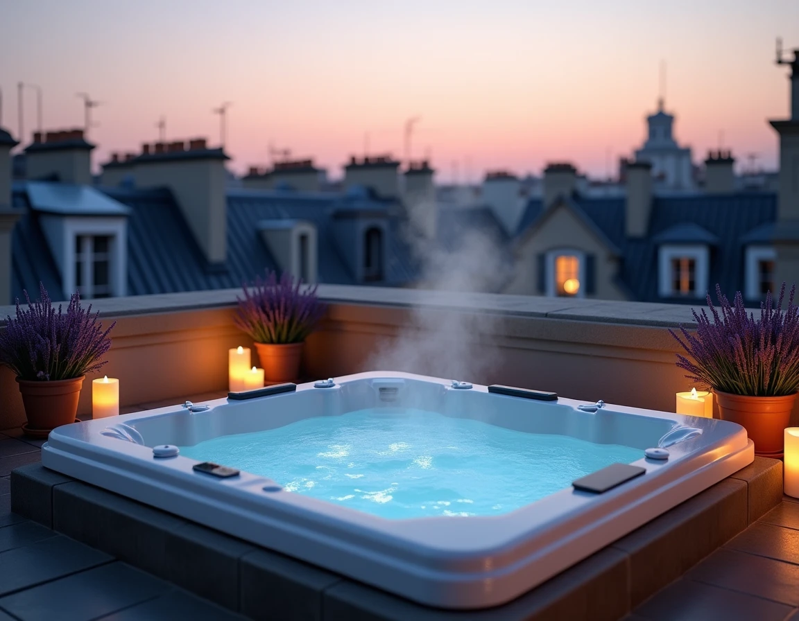 Spa privatif sur rooftop parisien avec vue sur les toits haussmanniens et vapeur s'élevant de l'eau au crépuscule