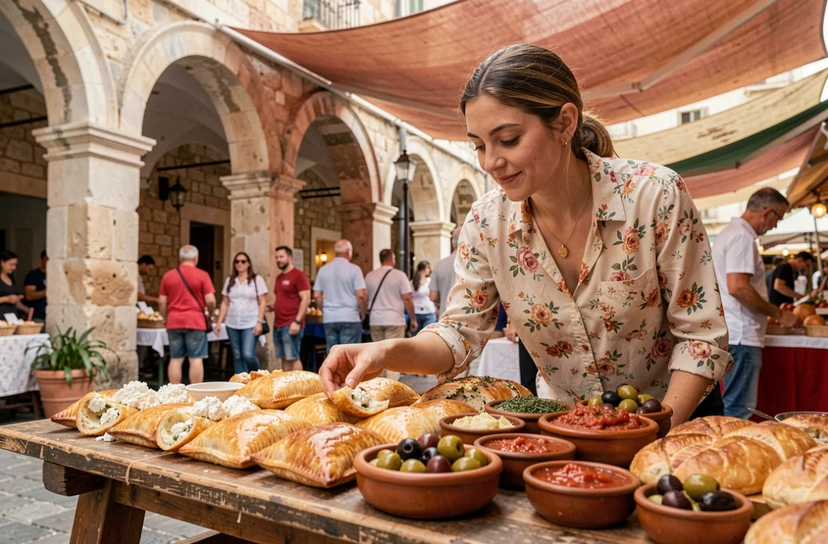 Étal de marché traditionnel maltais avec pastizzi, hobz biz-zejt et olives marinées à La Valette