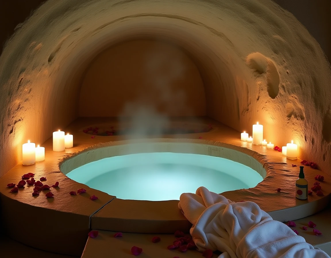 Suite spa troglodyte dans un hôtel insolite parisien avec jacuzzi en pierre, bougies et pétales de rose