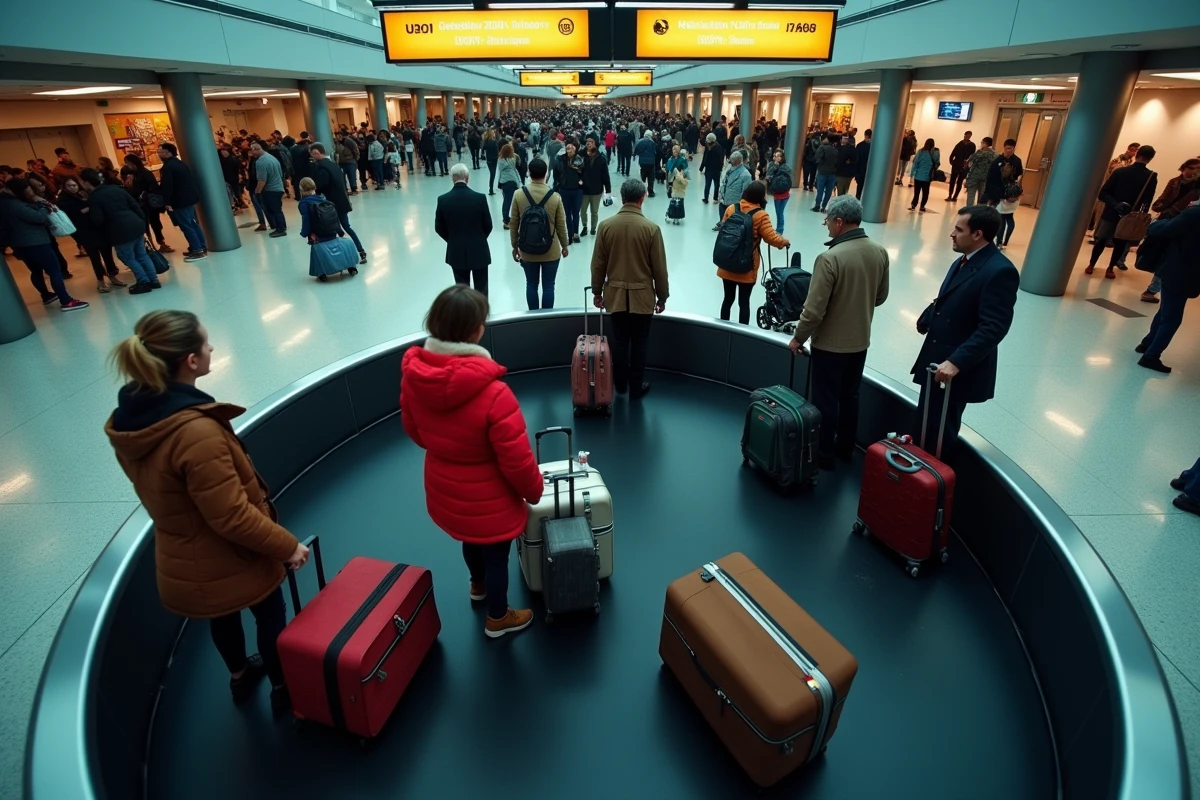 Voyageurs récupérant leurs bagages sur le tapis roulant d'un aéroport de New York