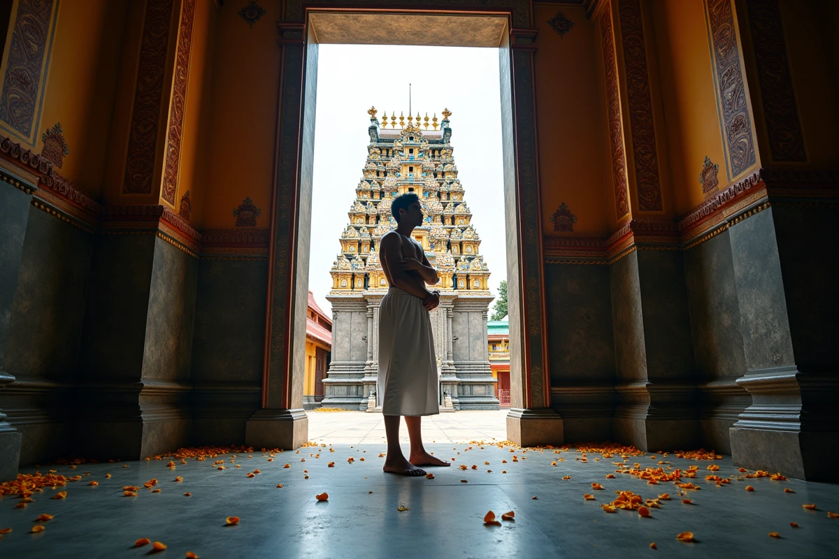 Jeune homme en prière devant le temple hindou Sri Mahamariamman richement décoré de Kuala Lumpur