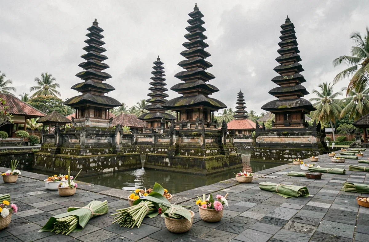 Vue grand angle des tours meru du temple Taman Ayun à Bali, entourées de douves et de murs en pierre volcanique