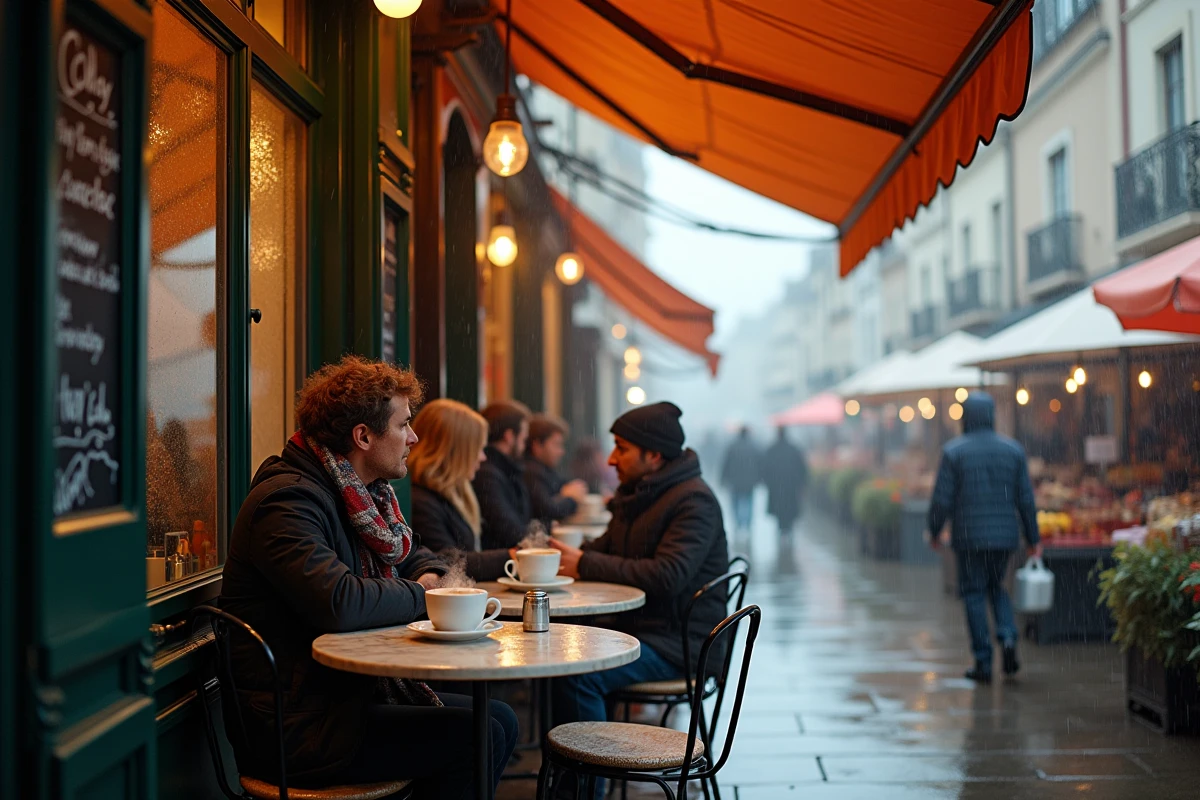 Terrasse de café couverte à côté du marché de Fort Mahon pendant la pluie avec des clients autour de boissons chaudes