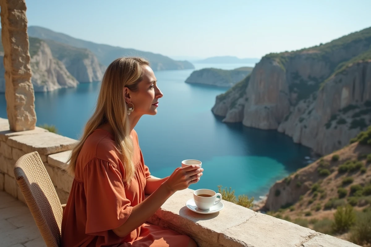 Femme assise en terrasse de café avec vue sur les falaises de Folégandros et la mer Égée