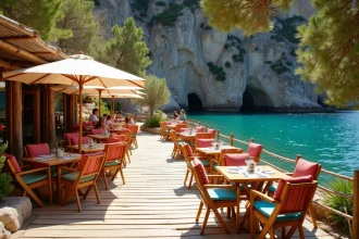 Terrasse de paillote en bois à Cala d'Orzu avec vue sur l'eau turquoise de la crique corse