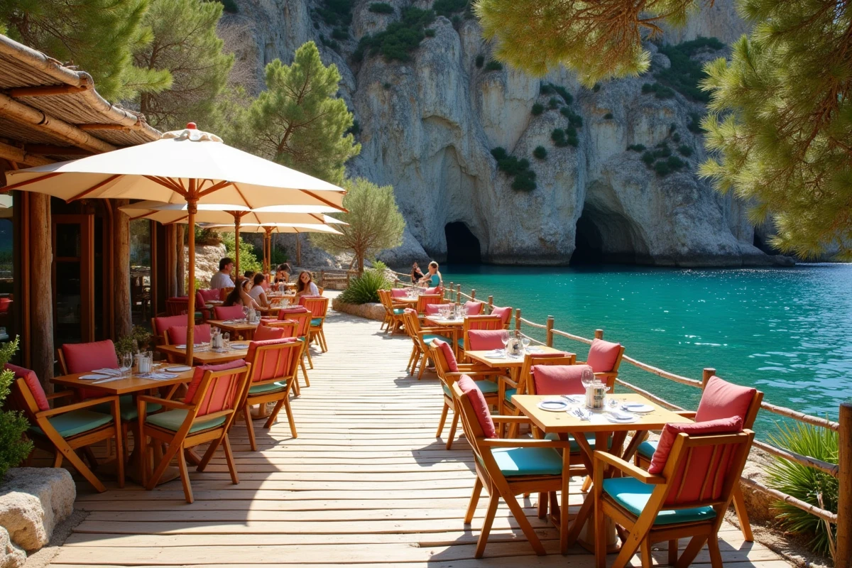 Terrasse de paillote en bois à Cala d'Orzu avec vue sur l'eau turquoise de la crique corse