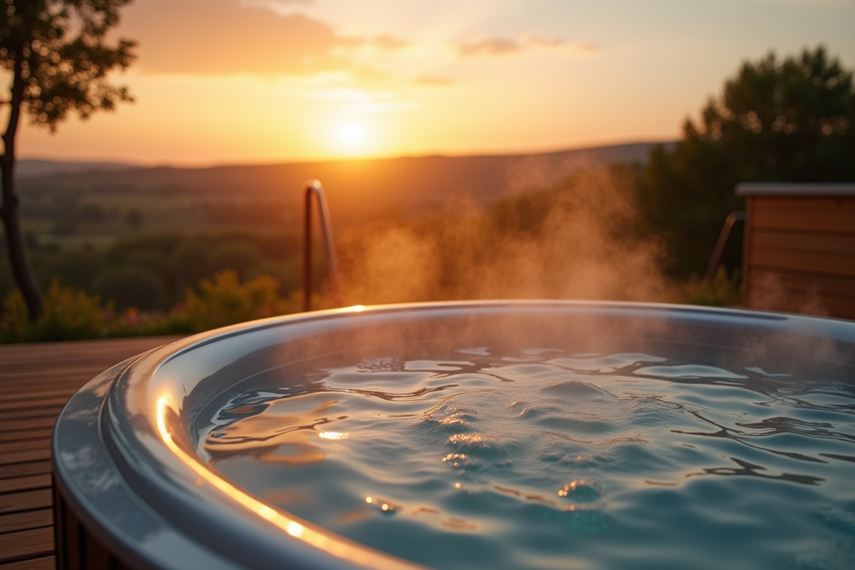 Terrasse spa extérieure au coucher du soleil avec vue sur la campagne