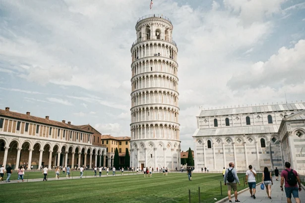 Vue grand angle de la Tour de Pise inclinée sur la Piazza dei Miracoli entourée de pelouses vertes et de touristes