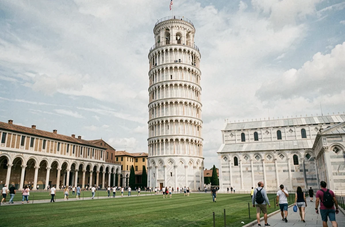 Vue grand angle de la Tour de Pise inclinée sur la Piazza dei Miracoli entourée de pelouses vertes et de touristes