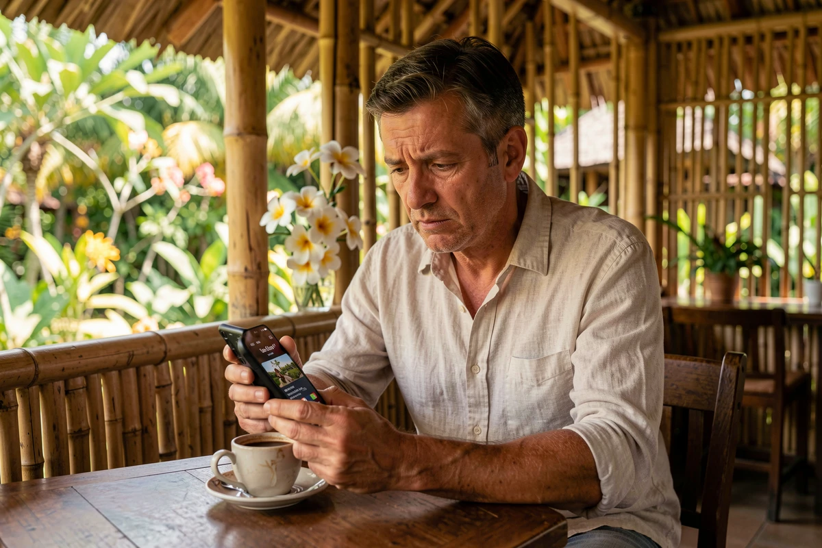 Touriste français consultan son téléphone affichant deux fuseaux horaires dans un café traditionnel balinais, illustrant la différence de décalage horaire entre Bali et la France