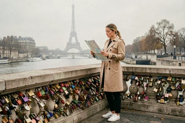 Touriste consultant une carte sur le Pont des Arts à Paris avec la Tour Eiffel en arrière-plan