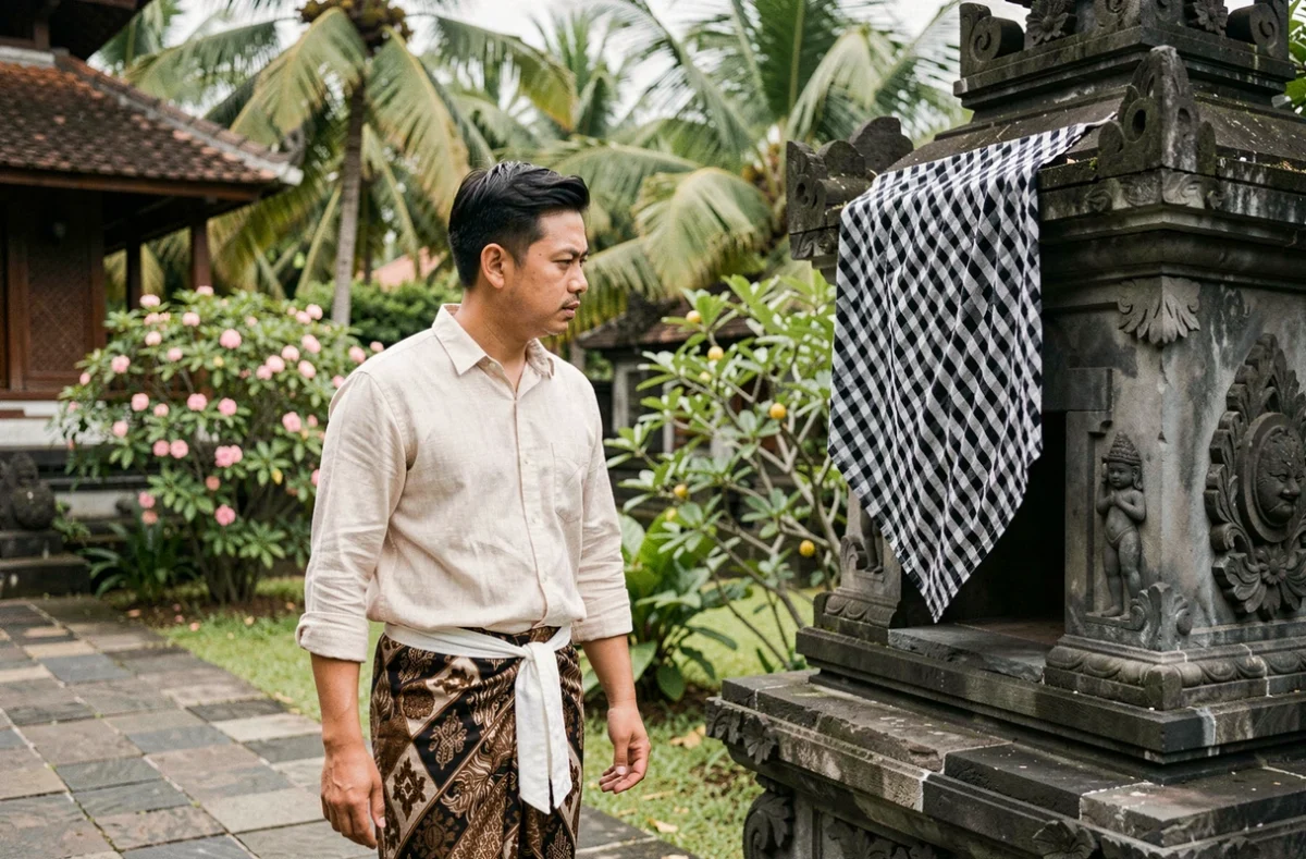 Touriste européen en sarong de location observant un sanctuaire sculpté à l'intérieur du temple Taman Ayun à Bali