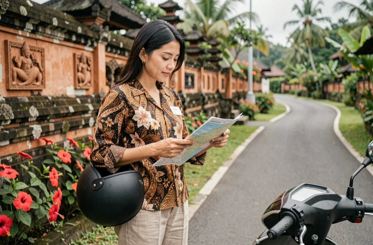 Femme touristique avec un casque de scooter consultant une carte près des murs en pierre balinais à Tegallalang