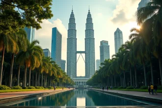 Les Tours Petronas se reflétant dans le bassin du parc KLCC à Kuala Lumpur, Malaisie