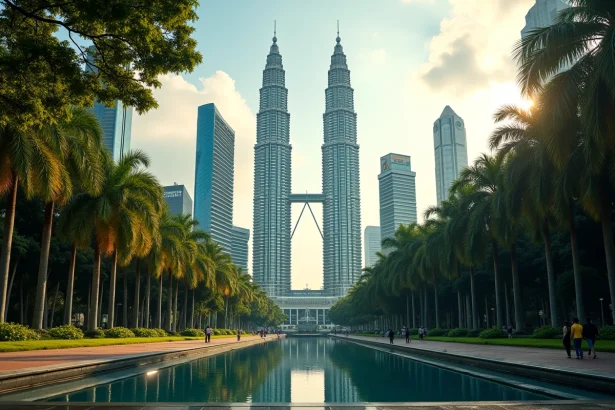 Les Tours Petronas se reflétant dans le bassin du parc KLCC à Kuala Lumpur, Malaisie