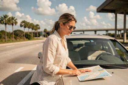 Femme consultant une carte routière appuyée sur sa voiture lors d'un trajet Miami-Orlando sur l'I-4
