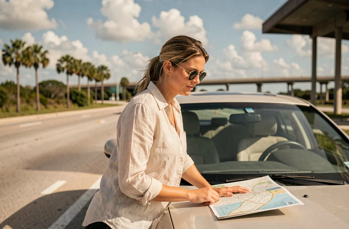 Femme consultant une carte routière appuyée sur sa voiture lors d'un trajet Miami-Orlando sur l'I-4