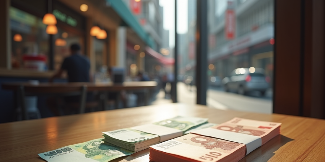 Table de café coréen avec billets de won et euros en gros plan