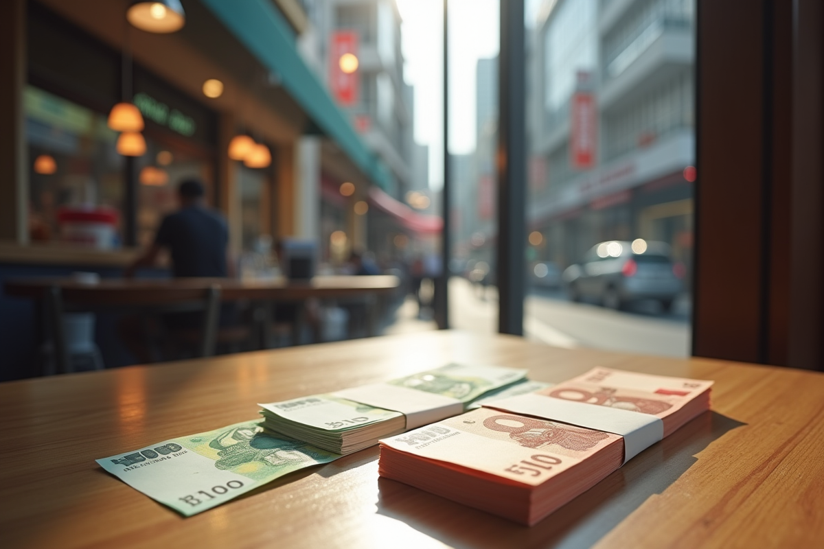 Table de café coréen avec billets de won et euros en gros plan